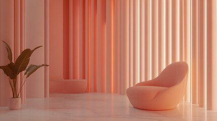 Modern luxury space interior concept 3d render ,There are smooth shape wall pattern with coral pink decorate with led stripe light. 