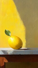 Wall Mural -  A lemon on a table before a yellow wall, featuring a solitary green leaf