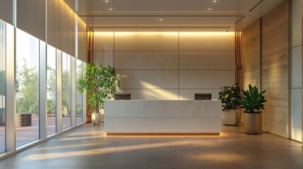 Aufkleber - Reception desk in a corridor with large panoramic window with wide shades and rectangular pattern