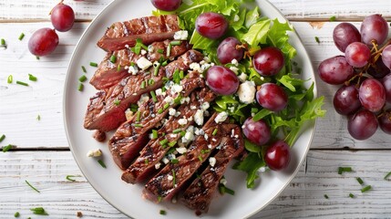Poster - roast beef steak served with salad of red grape crumbled blue mold cheese and chives on plate on white wooden table horizontal view from above flat lay close up