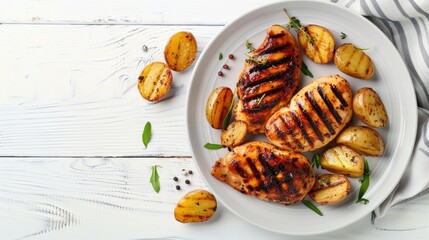 Poster - grilled chicken breasts with browned new potatoes on white plate with kitchen towel horizontal view from above flat lay free space