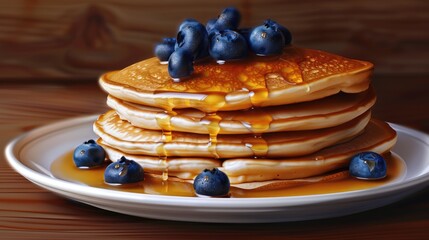 Poster - Whole wheat pancakes with blueberries and honey on a plate Tasty breakfast food stack of homemade pancakes