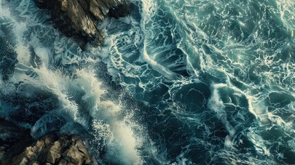 Poster - Ocean Waves on Rocks Aerial View