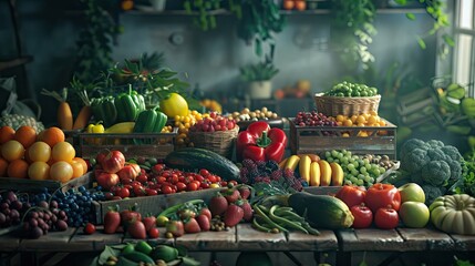 Poster - Fresh produce A vibrant photo showcasing an array of colorful fruits and vegetables arranged on a wooden market table