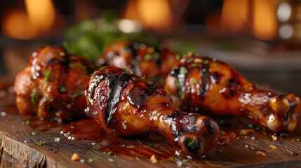 Aufkleber - Sweet mesquite glazed BBQ chicken leg drumsticks with flame charred skins