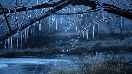 Aufkleber - An isolated shot of a winter tree branch with a coating of frost and long icicles hanging from it in Nebraska