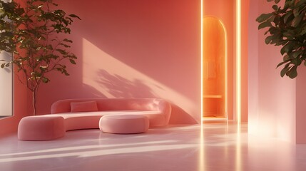 Modern luxury space interior concept 3d render ,There are smooth shape wall pattern with coral pink decorate with led stripe light. 