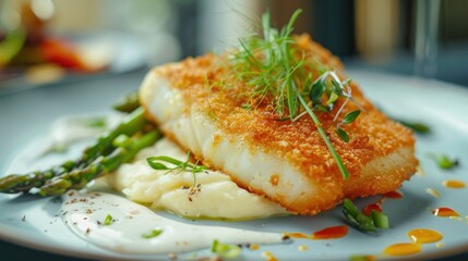 Poster - Traditional fried skrei cod fish filet with green asparagus tips and mashed potato creme in parmesan olive oil sauce as closeup on a modern design plate with copy space