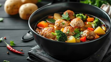 Poster - italian chicken meatball soup with broccoli potatoes red pepper and carrots in black bowl on black wooden table close up