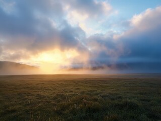 Poster - Gentle Clouds Covering a Meadow at Sunrise