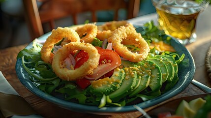 Fresh salad made of avocado tomato cheese and onion rings served in a plate on the table