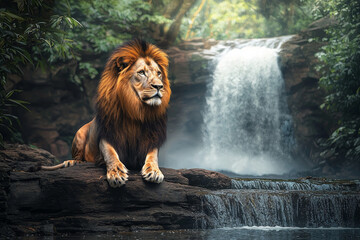 Wall Mural - A majestic lion rests by a tranquil waterfall in a lush forest, embodying the beauty of wildlife and nature.