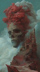 Canvas Print -  A skull atop red-haired stairs ascends to a castled peak in a cloud-filled sky