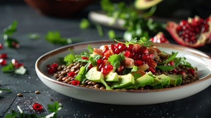 Poster - plate with salad with lentils avocado and pomegranate on the table