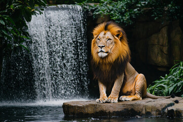 Wall Mural - A majestic lion sits by a waterfall, showcasing its powerful presence in a serene natural setting.