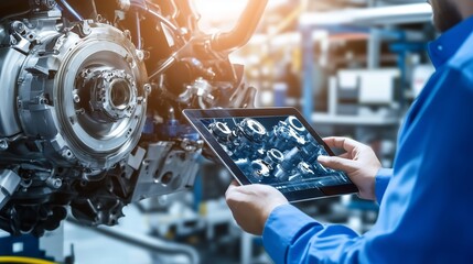 Poster - technician examining engine components using a tablet in a modern workshop during daytime