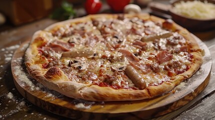 Poster - Big and tasty pizza with different types of meat Italian pizza with sausages chicken and mushrooms