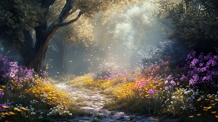 Sticker - Enchanted Forest Path: A Dreamy Landscape with Blooming Flowers