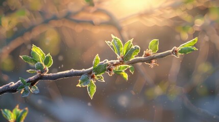 Aufkleber - Branch of small tree with growth of green leaves at end with frost and ice reflecting the sunlight