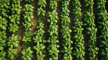 Poster - Aerial shot of potato plantation from drone pov directly above on sunny summer day