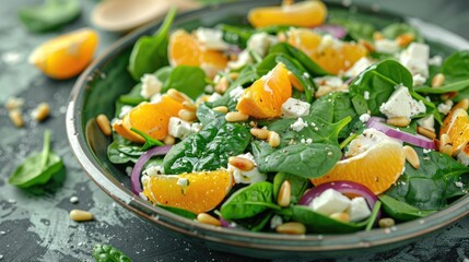 Poster - Fresh spinach salad with oranges feta ricotta cheese red onion and pine nuts