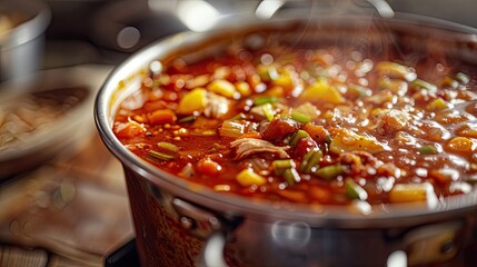 Aufkleber - Brunswick Stew stew with vegetables on chicken broth and barbecue sauce with seasonings close up in a pot on the table vertical x000D