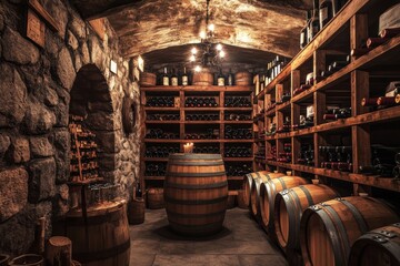 Poster - Explore a rustic wine cellar showcasing wooden barrels and shelves stocked with an impressive array of wine bottles. Generative AI