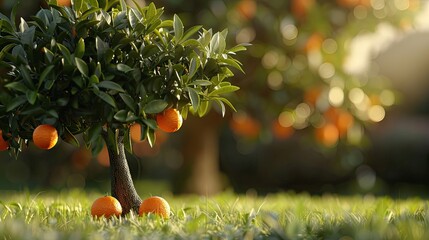 Poster - Sweet orange tree and its fruit green citrus fruit