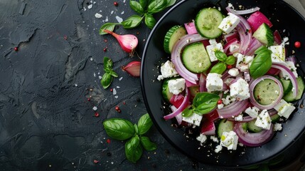 Poster - Feta red onion cucumber salad Space for text top view