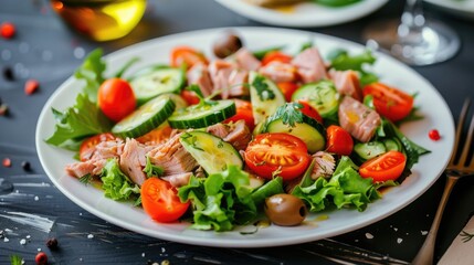 Poster - Salad with tuna lettuce cucumbers tomatoes olives and avocados in white plate on the table