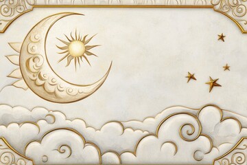 Wall Mural - watercolor celestial illustration with clouds and sun, featuring golden metallic outlines inside an 