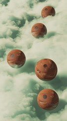 a collection of brown balls hover above a white cloud, teeming with green and brown elements, amidst
