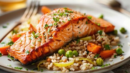 Poster - Fried salmon with brown rice peas carrots and leek on a plate