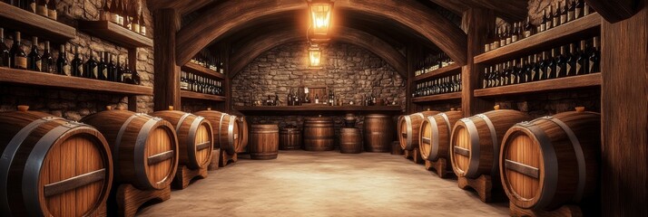 Poster - Explore a traditional wine cellar with wooden barrels and shelves filled with premium wine bottles in a rustic setting. Generative AI
