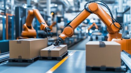 Poster - robotic arms automated packaging parcels in a modern warehouse during a busy workday