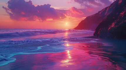 Poster - An colorful sunset over a spanish beach with a wild ocean