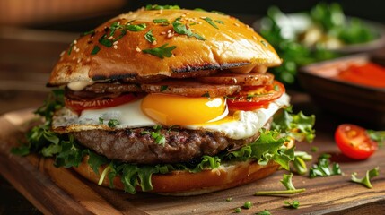 Poster - Delicious traditional Brazilian burger X all sausage egg tomato cheese and salad on wooden board