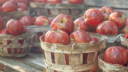 Poster - red ripe apples in bushel baskets at the farmer s market
