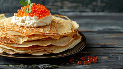 Poster - Traditional Russian Crepes Blini stacked in a plate with red caviar fresh sour creamon dark wooden table Maslenitsa traditional Russian festival meal Long wide banner Space for text