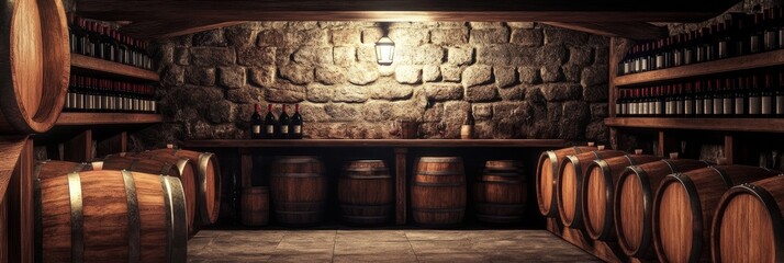 Poster - Discover the charm of a rustic wine cellar filled with wooden barrels and shelves of carefully stored wine bottles. Generative AI