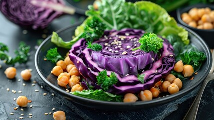 Poster - Healthy diet food Red cabbage steak with greens and chickpeas x000D