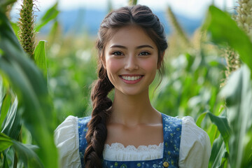 Wall Mural - Japanese woman wearing traditional dirndl dress standing in field