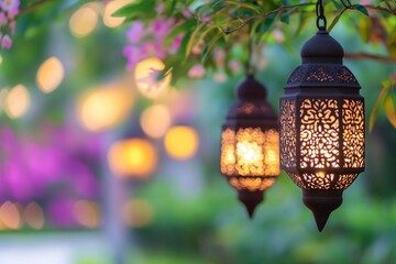 Lanterns hanging from a tree, one of which is lit. The scene is set in a garden with a blue sky and green leaves