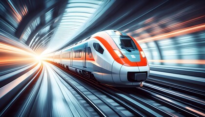 Wall Mural - Sleek high-speed train racing through a modern tunnel, symbolizing progress and innovation in transportation, showcasing advanced engineering and eco-friendly features.