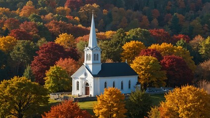 A church is framed by colorful autumn foliage, creating a serene atmosphere.