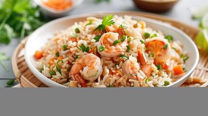 Poster - Fried rice with shrimp on the white dish on bamboo board