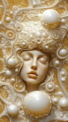 Wall Mural -  A woman's face encircled by water bubbles and bubble-filled bubbles against a golden backdrop