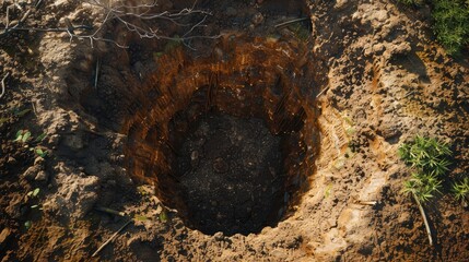 a deep hole is dug in the ground a funeral earthworks soil development during construction work a sinkhole in the ground