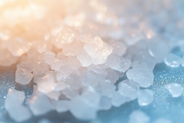 Coarse sea salt crystals scattered across a surface with a soft glow in the background