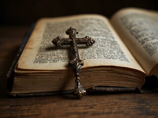 A close-up of a cross resting on an old book, with background space.